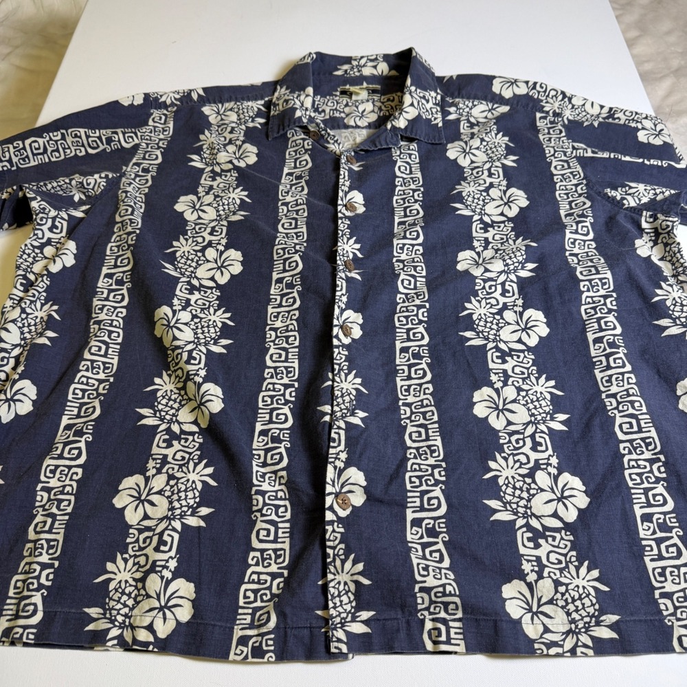 OP Men's 4XL Hawaiian Shirt Navy Hibiscus Pineapple Tribal Aloha Y2K